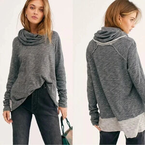 Free People Beach Woman’s Top Cocoon Cowl Pullover Grey Distressed Small Cotton